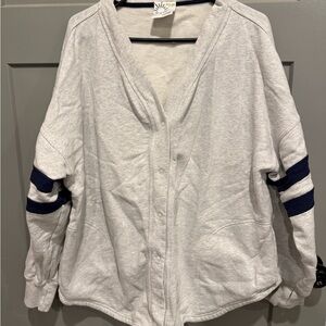 American Eagle Outfitters Gray Button-Up Top with Navy Stripes